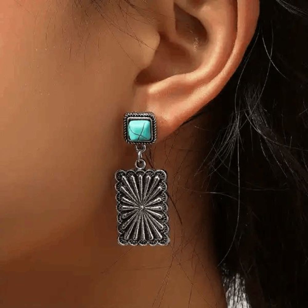 Western Southwest Geometric Silver Turquoise Dangle Earrings